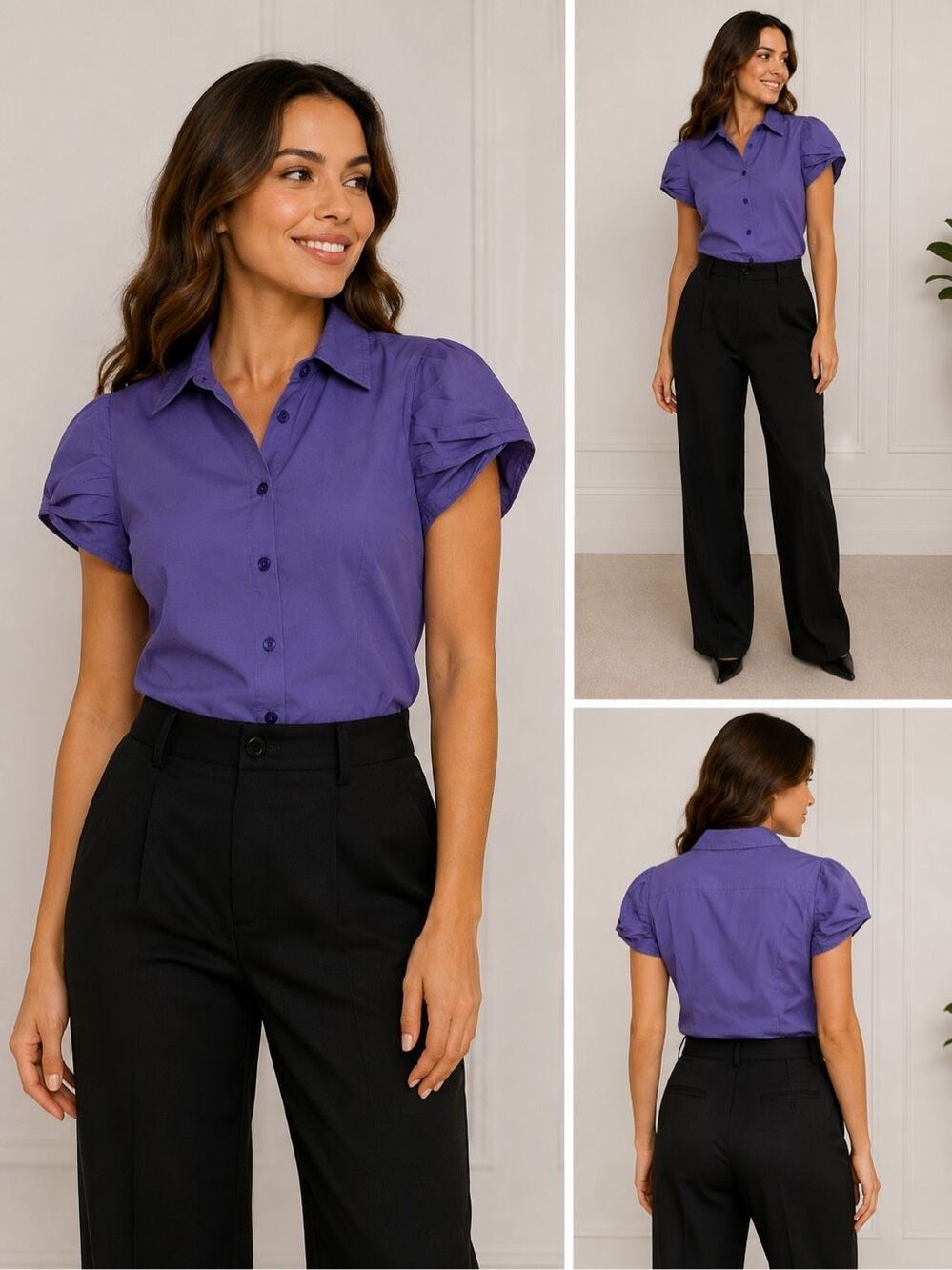 Vero Moda Purple Button Front Puff Sleeve Shirt Bodysuit Size M Cotton Blend